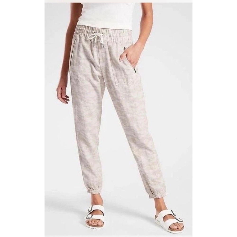 Athleta Cabo Tide Linen Jogger Pants Women's 10 Beige Camo 100% Linen Resort